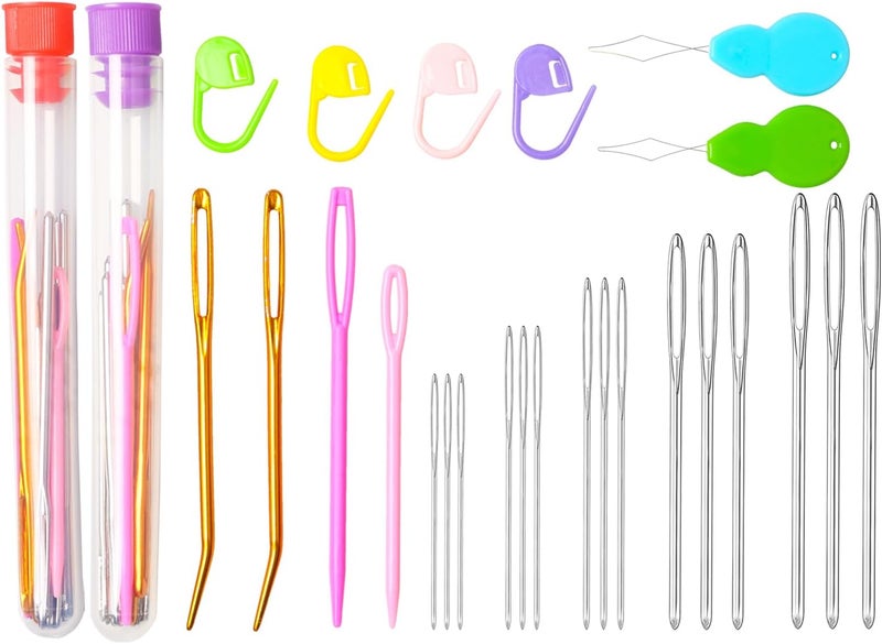 HEKISN 45Pcs Large Eye Blunt Yarn Needles Kit, Assorted Sizes Bent Tapestry Darning Needle, Sewing With Threaders & Stitch Markers for Knitting Crochet (Purple&Red) - Image 1